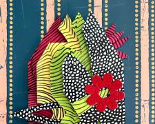 "Once Upon a Home XXXIV", 2026, enamel and oil-based markers on layered hand-cut paper, vintage wallpaper, 14 x 11"