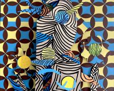 "Once Upon a Home XXXVI", 2026, enamel and oil-based markers on layered hand-cut paper, vintage wallpaper, 14 x 11"