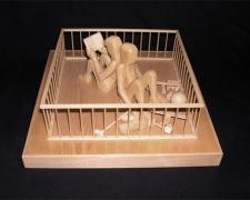 Man and Woman in Playpen, 2000, pine wood, 4 7/8 x 10 3/8 x 10 3/8"