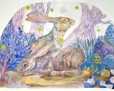 Angelica Raquel, "Neighbors" (Jackrabbits), 2024, watercolor, color pencil, gouache, and vellum on cotton paper, i.s. 22 x 29" / f.s. 25 1/4 x 32 1/2"