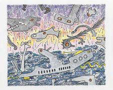 "Ocean Skirmish", 2017, ink and collage on Stonehenge paper, 6 x 7"