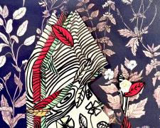 "Once Upon a Home XXXIII", 2026, enamel and oil-based markers on layered hand-cut paper, vintage wallpaper, 14 x 11"
