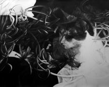 目に入れても痛くない_Apple of my eye (Cat with feather) "目に入れても痛くない_Apple of my eye (Cat with feather)", 2020, graphite on paper, 41 x 61 1/2"