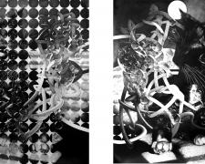 見て分からんものは聞いても分からん_If you don’t get it by looking at it, you won’t get it by listening about it either (Moxie's reflection) "見て分からんものは聞いても分からん_If you don’t get it by looking at it, you won’t get it by listening about it either (Moxie's reflection)", 2022, graphite on paper, 41 x 41" each (diptych)