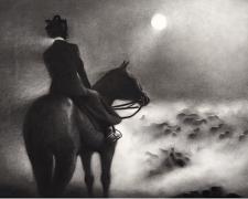 "From Darkness to...", 2024, charcoal on paper, i.s. 20 x 31 1/2" / f.s. 23 x 34"
