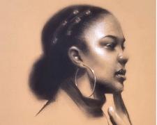 "Vanelle" (Study), 2024, charcoal on toned paper, i.s. 13 1/2 x 10 1/2" / f.s. 21 1/4 x 17 1/4"