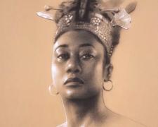 "Venus" (Portrait Study), 2024, charcoal on toned paper, i.s. 13 1/2 x 10 1/2" / f.s. 21 1/4 x 17 1/4"