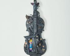 "Party Girl", 2018, violin and mixed media (torched), 25 x 7 x 4"