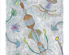 "Pond Life", 2023, ink and color pencil on Stonehenge paper, 8 3/4 x 6 1/2"