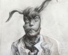 Portrait of the Hero as a Rabbit, 2015, graphite, acrylic on panel, 12 x 12 x 3 3/8"