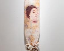 "Product Of The American South", 2021, mixed media: transfer print, found objects, 52 x 13 x 1 1/2"