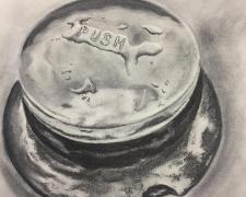 Push the Button, 2019, charcoal on paper, 10 x 10"