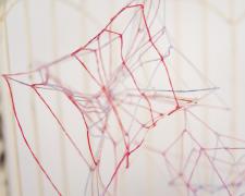 "Caged No. 1" (Detail), 2021, embroidery floss, clear cord, metal bird cage, 6 x 5 x 10.5"