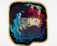 "Blue Spirit Visit", 2024, hand-hooked and gun-tufted yarns, ribbons, felt, charms, thread on monks cloth, 57 x 49"