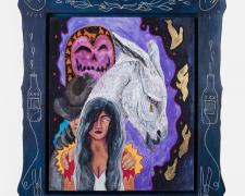 "El Demonio Del Borracho", 2024, gouache, acrylic, gold leaf on panel in handmade frame, panel size: 24 x 20" / f.s. 34 1/4 x 29 1/4 x 2"