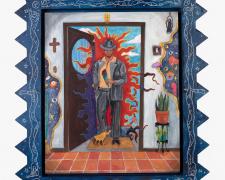 El Diablo Se Te Va Aparecer, 2024, gouache, acrylic, gold leaf on panel in handmade frame, panel size: 24 x 20" / f.s. 33 x 29 x 2"