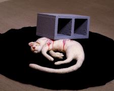 "El Gato Blanco: The Wrong Cat and The Fate of Tio Thomas", 2022, needle-felted soft sculpture, painted polyfoam, and textile base
