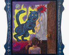 "El Testigo", 2024, gouache, acrylic, gold leaf on panel in handmade frame, panel size: 24 x 20"