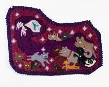 "Kept at Bay: Love of The Dog", 2024, hand-hooked and gun-tufted yarn, ribbons, felt, glass beads, metal charms, thread on monks cloth, 38 x 52"