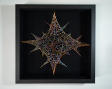 "Pulled [Into Position]", 2024, embroidery floss, filament, 12 x 12 x 3"