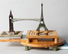"A Tale of Two Cities", 2025, assemblage, 14 x 19 1/2 x 14" (view 1)