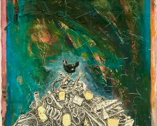 Heather Ryan Kelley, "Biddy Doran", 2013, mixed media collage: oil on paper, gold leaf, etching proof, prismacolor pencil 