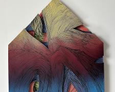 "Shelter M04", 2024, enamel paint, oil-based markers, hand-cut layered paper, 25 3/4 x 19 5/8"
