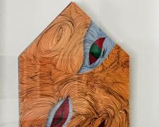"Shelter S14", 2024, enamel paint, oil-based markers, hand-cut paper, 20 3/4 x 16 3/4"