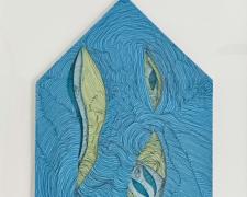 "Shelter S15", 2024, enamel paint, oil-based markers, hand-cut paper, 20 3/4 x 16 3/4"