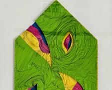 "Shelter S16", 2024, enamel paint, oil-based markers, hand-cut paper, 20 3/4 x 16 3/4"