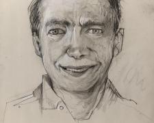 Smiling Head I, 2018, graphite, acrylic on panel, 7 x 5"