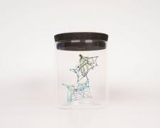 "Specimen No. 2" (View 1), 2021, embroidery floss, clear cord, corked glass jar, 3 x 3 x 4.5"