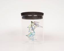 "Specimen No. 2" (View 2), 2021, embroidery floss, clear cord, corked glass jar, 3 x 3 x 4.5"