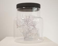 "Specimen No. 6", 2021, embroidery floss, clear cord, corked glass jar, 6.75 x 9"