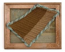 "Sprawl", 2023, pine frame, rope, cotton yarn, vintage weaving, paint, 8 x 10"