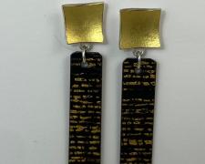 Heidi Gerstacker, "Striation Dangle Earrings", 2023, 22k/sterling silver bimetal, sterling silver, enameled steel with 24k gold leaf, 2" length