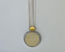 Heidi Gerstacker, "Striation Pendant", 2023, sterling silver, fine silver, enameled steel with 24k gold leaf, 22k bimetal, adjustable 14k G/F cable chain, 3/4" diameter and 22" chain