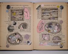 "Between Tears and Laughter", 2023, bound book, found objects, photo etchings, 8 x 11 3/4 x 1 1/2"