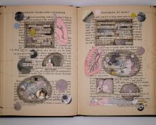 Sunni Forcier, "Between Tears and Laughter", 2023, bound book, found objects, photo etchings, 8 x 11 3/4 x 1 1/2"
