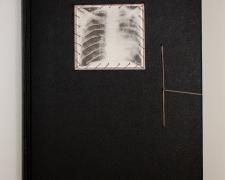 Sunni Forcier, "Between Tears and Laughter" (book cover), 2023, bound book, found objects, photo etchings, 8 x 11 3/4 x 1 1/2"