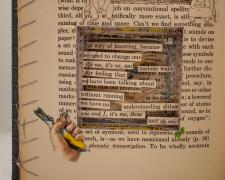 Sunni Forcier, "Leave Your Language Alone!", 2023, bound book, found objects, photo etchings, 8 3/4 x 11 1/2 x 1 1/2"