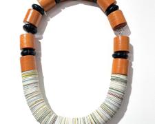 Tarina Frank, "Stacked Paper", recycled paper, wood, horn beads with brass inlay