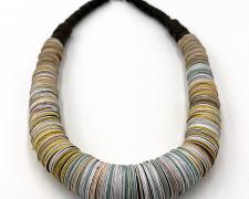 Tarina Frank, "Stacks and Stacks of Paper" (necklace), 2023, recycled paper, wood, coconut shell beads, sterling silver, 12 x 8 x 1"