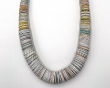 Tarina Frank, "Tapered Paper Stacks" (long), 2023, recycled paper, pearls, sterling silver, 15 x 8 x 1"