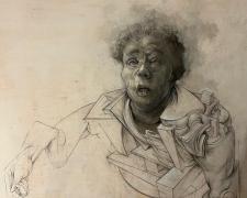 "The Apotheosis of Joy", 2025, graphite and acrylic on linen laminated to panel, 19 x 19 x 4"