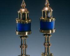 "The Promethean Towers", 2002, candlesticks: copper, brass, sterling, glass, 18 x 2 1/2 x 2 1/2"