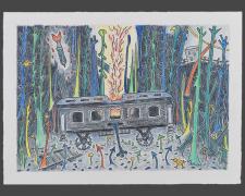"The Railroad Car", 2026, ink and color pencil on Stonehenge paper, 6 1/2 x 9"