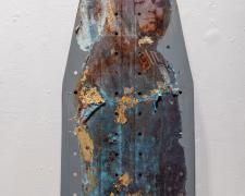 "The Weight", 2023, mixed media: transfer print, found objects, 52 x 13 x 1 1/2" (Detail View 1)