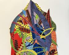 "Todo pasa", 2024, enamel paint, oil-based markers, layered hand-cut paper, fabric, 24 x 18"