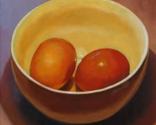 Two Brown Eggs in a Bowl, 2016, oil on board, 12 x 12"